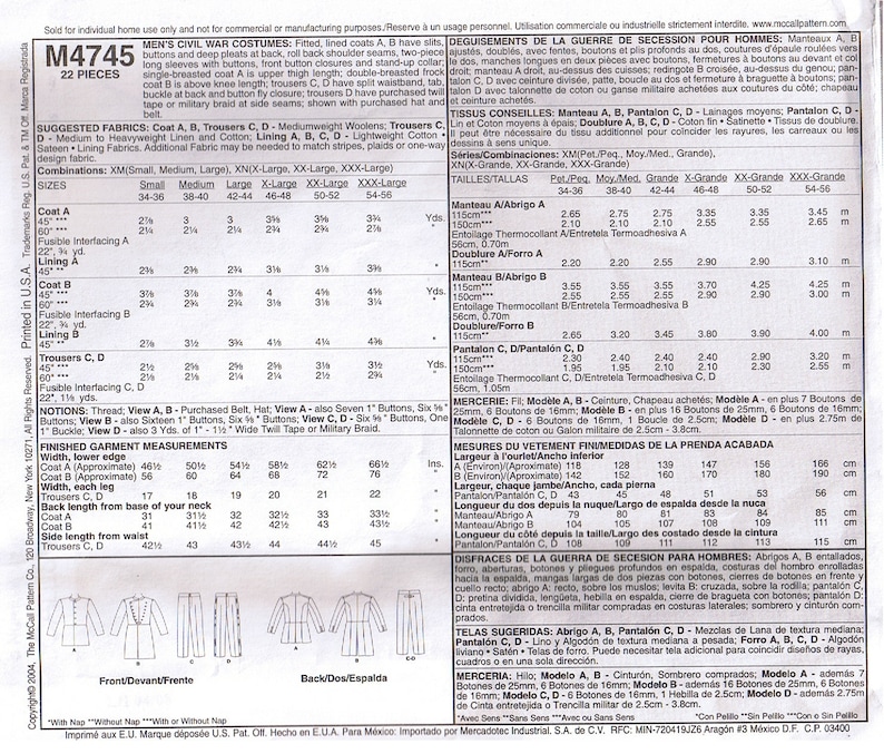 May include: A sewing pattern for men's Civil War costumes, including fitted coats with buttons and pleats, and trousers. Measurements are in inches. The pattern includes suggested fabrics and notions.