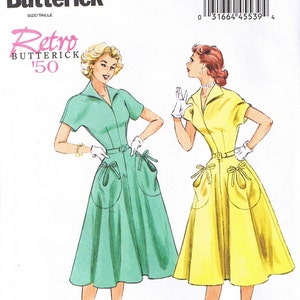 Può includere: Modello di cucito vintage per un abito in stile retrò anni '50. Il modello è per un abito con un corpetto aderente e una gonna ampia. L'abito ha un colletto e maniche corte. Il modello è di Butterick e il numero è B6055.