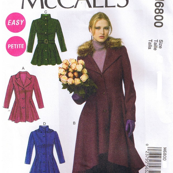 Easy to Sew Fit and Flared Lined Coats With Belt Detachable Collar Hood and Pockets Fur McCalls 6800 Sewing Pattern Misses Size 6 8 10 12 14