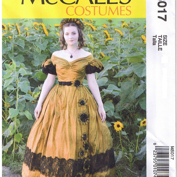 Off the Shoulder Dress Sunflower Sleeves Flared Skirt Historical 19th Century Cosplay Costume McCall 8017 Sewing Pattern Plus 14 16 18 20 22