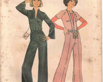 70s Jumpsuits Front Zipper Collar High Round Neck Long or Short Raglan Sleeves Ribbon or Braid Bag Vtg Simplicity 7423 Sewing Pattern Sz 10