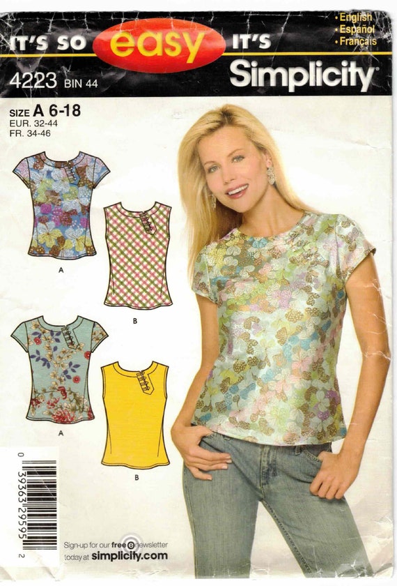 Sleeveless or Short Sleeve Top Round Neck With Neckline Shank Button Closure Easy to Sew Simplicity 4223 Sewing Pattern 6 8 10 12 14 16 18