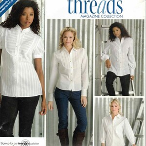 May include: Simplicity sewing pattern 3684, featuring a white blouse with various sleeve styles. The pattern includes sizes K5: 8, 10, 12, 14, and 16, and is from the Threads Magazine Collection.