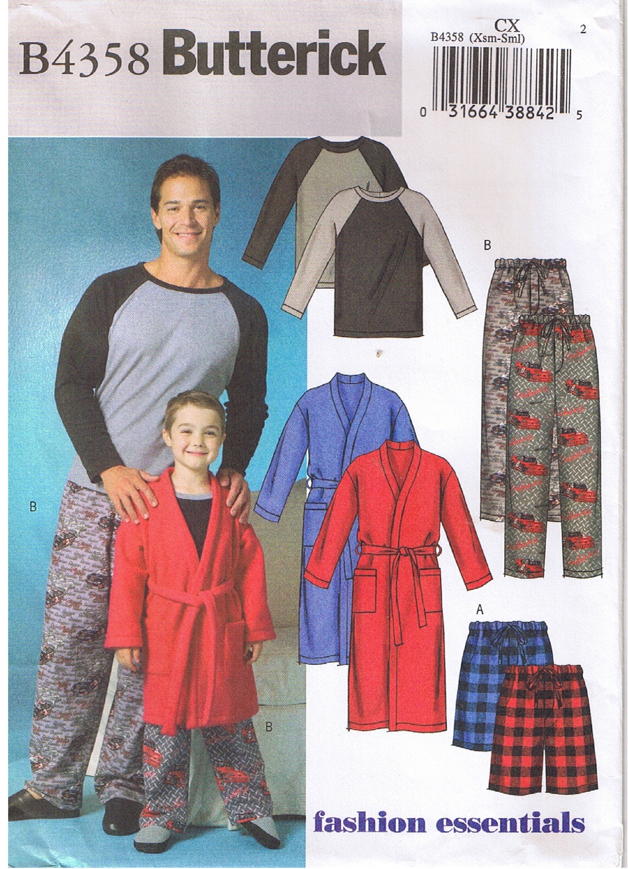 Uncut Boys and Men's S-L Butterick 4358 Robe Top Belt Shorts and Pants Pattern