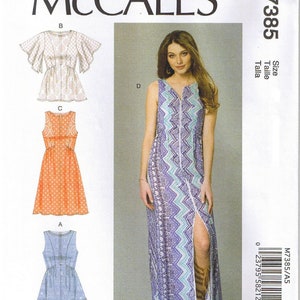 May include: A sewing pattern for a dress with a front zipper and a high slit. The pattern is for sizes A/B, C, and D. The pattern is from McCall's and the pattern number is M7385.