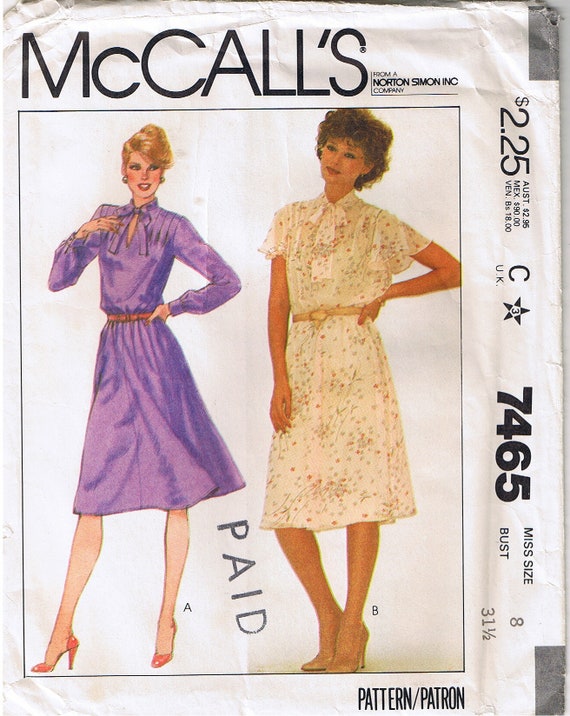 Vintage 1980s Pullover Flared Dress Tie Collar Shoulder Pleats Elastic Waist Long or Short Flutter Sleeve McCalls 7465 Sewing Pattern Size 8 Vintage 1980s Pullover Flared Dress Tie Collar Shoulder Pleats Elastic Waist Long or Short Flutter Sleeve McCalls 7465 Sewing Pattern Size 8