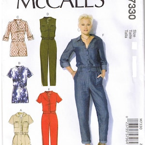 May include: A McCall's sewing pattern featuring several jumpsuit designs. The pattern includes options for short-sleeved and long-sleeved jumpsuits in various colors and styles. The image also shows a woman wearing a denim jumpsuit.