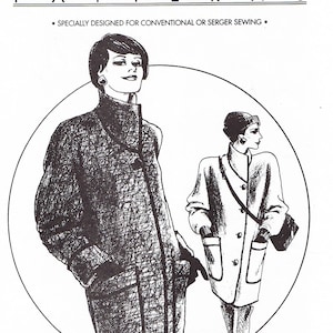May include: A black and white illustration of two women wearing 3/4 length coats. The coats have pockets and buttons. The illustration is from a sewing pattern for a 3/4 serger coat. The pattern number is #880.