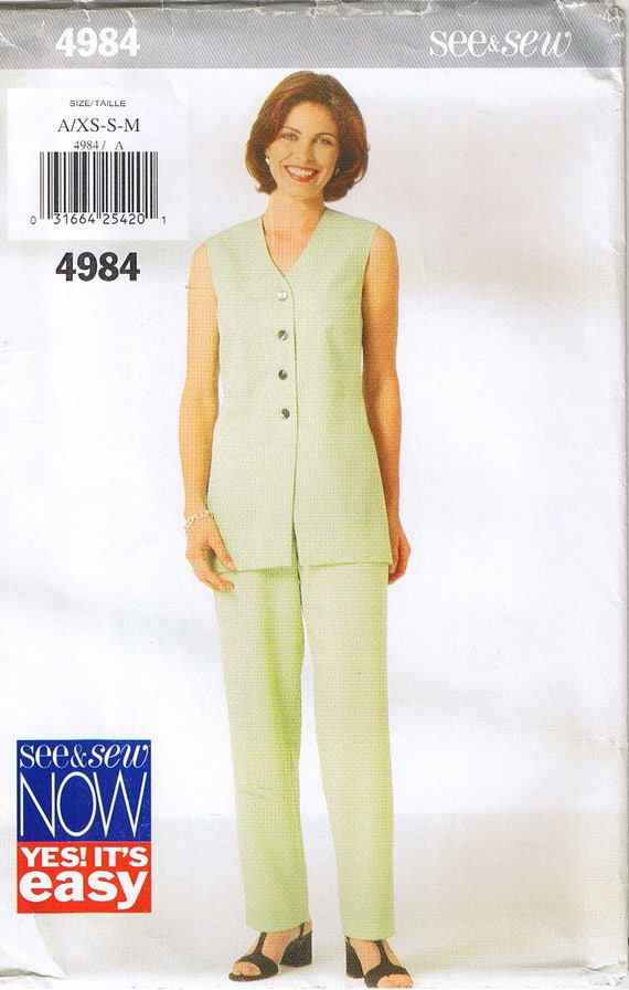 Easy to Sew V Neck Button up Down Front Tunic Top With Back Waist Ties  Tapered Elastic Waist Pants Sewing Pattern Size XS S M 6 8 10 12 14 