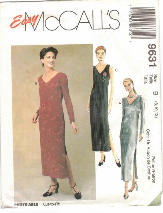 90s V Neck Long Dress Side Seam Slits Back Zipper Sleeveless or Long  Sleeves Vtg Easy to Sew Mccalls 9631 Sewing Pattern Misses Size 8 10 12 -  Etsy