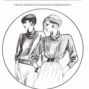 May include: Black and white illustration of two women wearing sweaters, from a sewing pattern. The text "GREAT COPY PATTERNS" is at the top, with "#107" in the upper right corner. The text "#107 WEDGE SLEEVE COWL" is at the bottom.