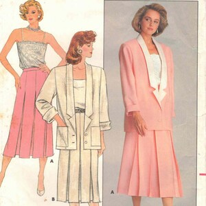 May include: Butterick sewing pattern 3759 for sizes 6-8-10. The envelope features illustrations and a photograph of a two-piece outfit consisting of a long-sleeved blazer with a contrasting lapel and a pleated skirt, plus a separate camisole top.
