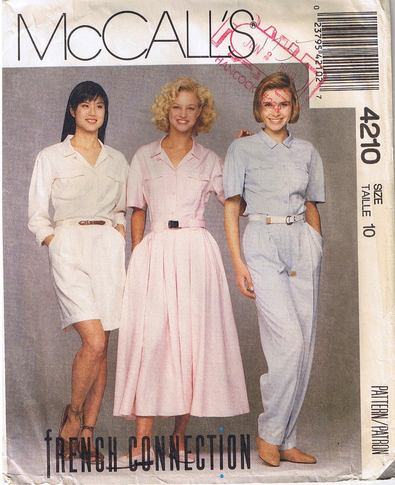 Vintage 80s Top Button Up Down Front Shirt Notched Collar Pleated Skirt Cuffed Cuff Pants Shorts McCalls 4210 Sewing Pattern Misses Size 10