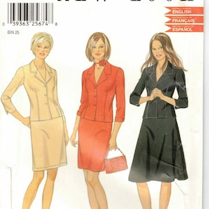 May include: A sewing pattern from New Look featuring three women modeling different suit designs. The pattern includes instructions in English, French, and Spanish. The size range is 8-18.