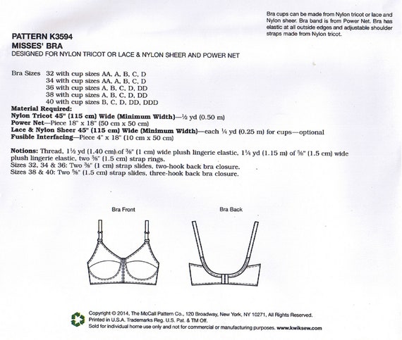 Bra Size 32 34 36 38 40 AA-DDD Cup Sizes With Adjustable Shoulder Straps  Kwik Sew 3594 Sewing Pattern 