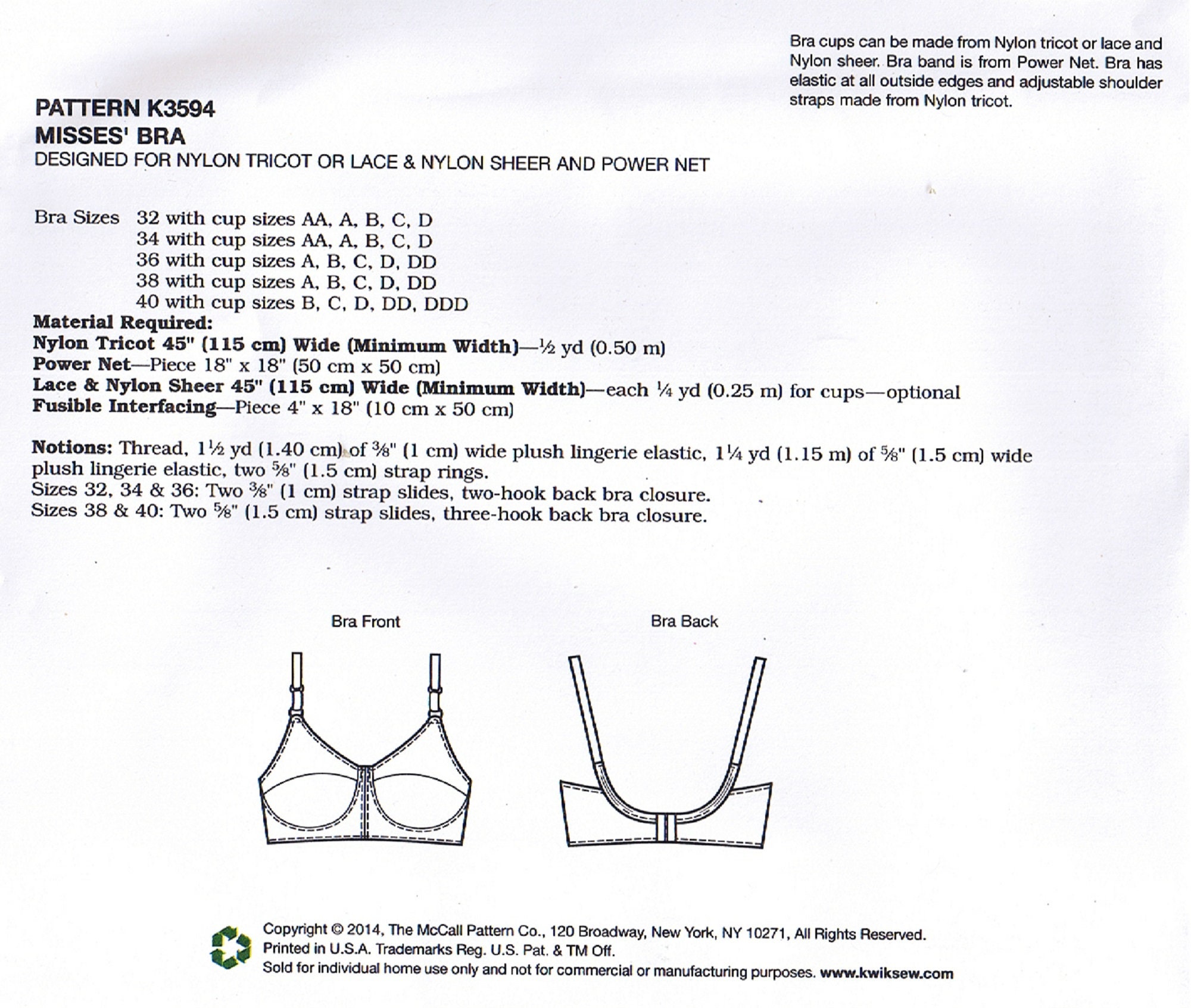 Bra Size 32 34 36 38 40 AA-DDD Cup Sizes With Adjustable Shoulder Straps  Kwik Sew 3594 Sewing Pattern -  Canada