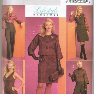 May include: A sewing pattern for a women's clothing set. The pattern includes a jacket, skirt, pants, and dress. The pattern is from Butterick and is size AA (6-8-10-12).