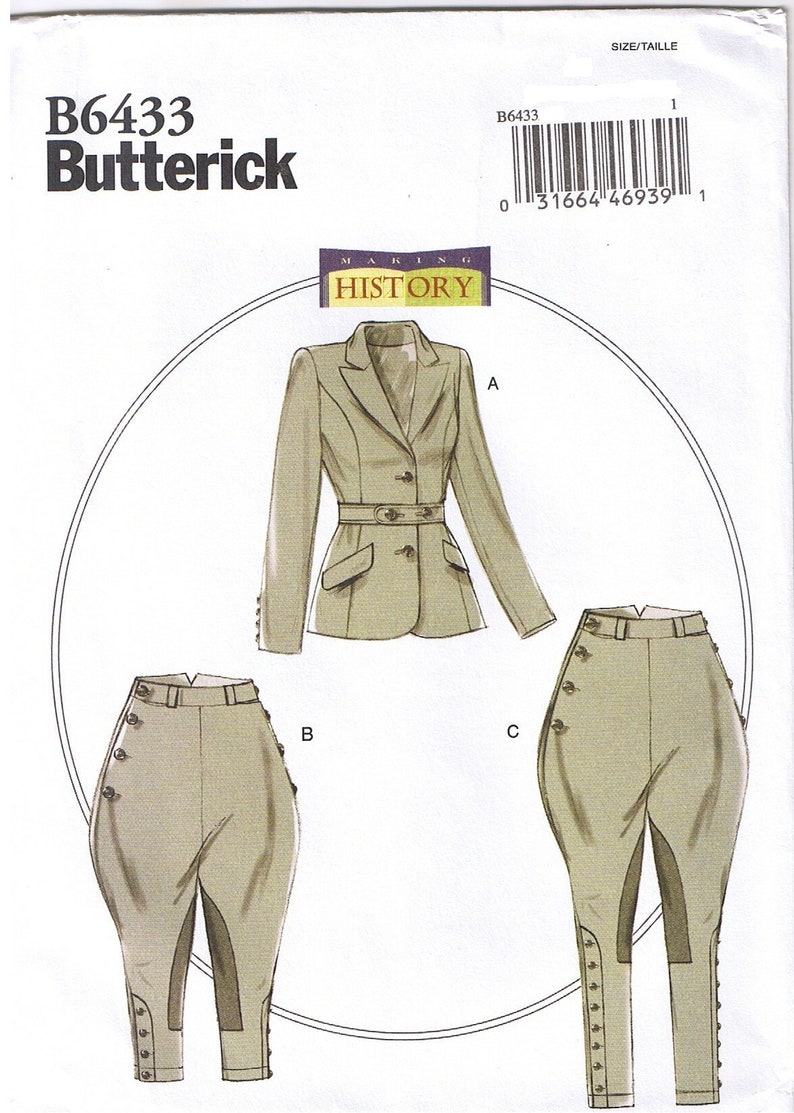 1930s Wide Leg Pants, Overalls, Beach Pajamas, Shorts     Historical Edwardian Riding Breeches Pants Jacket With Belt Jodhpurs Butterick 6433 Cosplay Costume Sewing Pattern Plus Size 14 16 18 20 22  AT vintagedancer.com