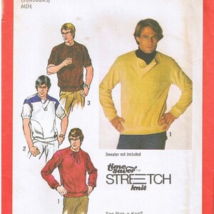 May include: A sewing pattern for men's shirts, featuring three different styles. The pattern is for sizes 36, 38, and 40. The pattern is called Simplicity 9300 and is a time saver stretch knit pattern.