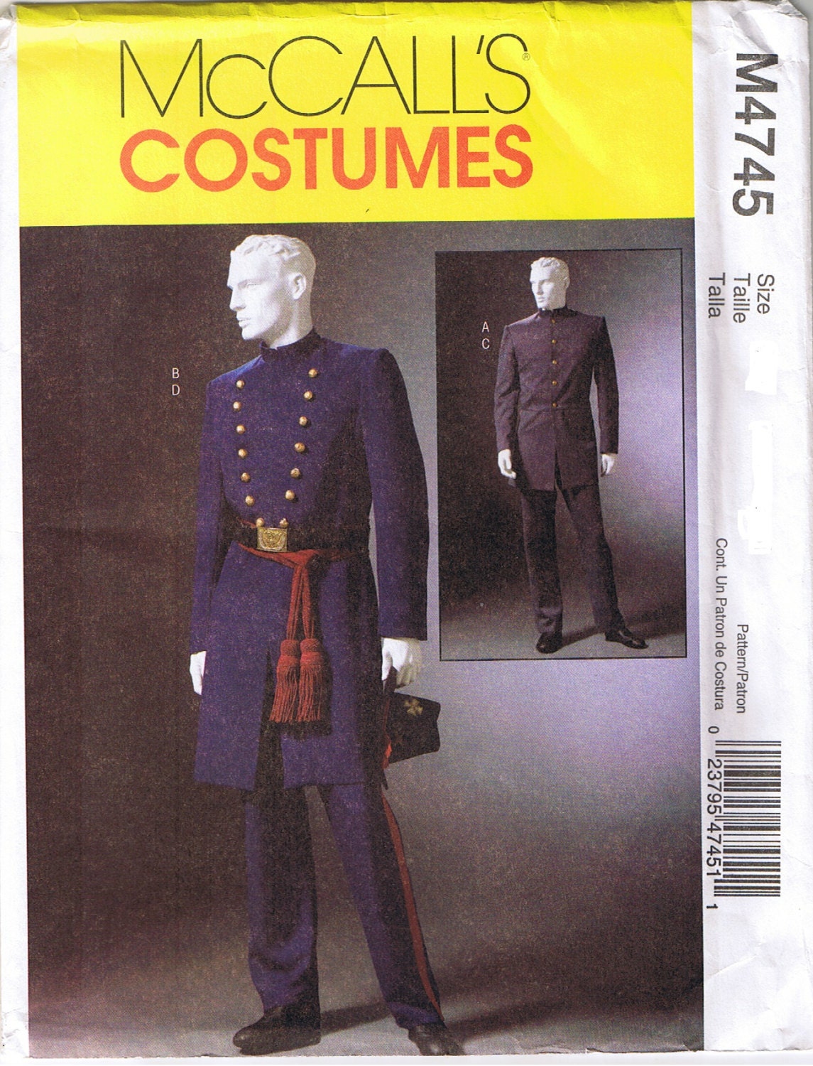 Mens Civil War Military Soldier Uniform Reenactment Coat Pants Trousers  Mccalls 4745 Costume Sewing Pattern Size XL XXL XXXL 46 48 50 52 