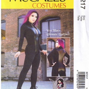 May include: McCall's Costumes pattern M7217 featuring Yaya Han's Ultimate Bodysuit. The pattern shows a black bodysuit with a leather-like panel down the front and back. The model is wearing platform boots. The pattern includes a small image of the bodysuit from the back.