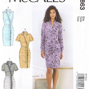 May include: McCall's sewing pattern M7863 for a dress with three different styles: a sleeveless dress with a gathered bodice, a short-sleeved dress with a gathered bodice, and a long-sleeved dress with a gathered bodice. The dress is shown in light blue, yellow, and purple.