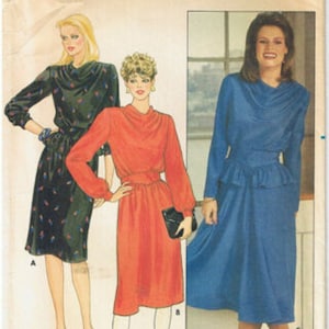 Cowl Neck Blouson Bodice Dress Straight or Flared Skirt Inset Waistband Optional Peplum Long Sleeves Butterick 6125 Sewing Pattern 8 or 14