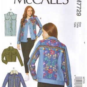 May include: McCall's sewing pattern M7729 featuring denim jackets with floral embroidery. The pattern includes options for a vest, a classic jacket, and a jacket with a faux fur collar. The main jacket has colorful floral embroidery.