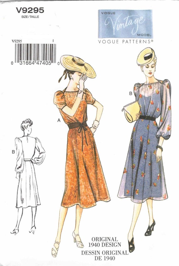 40s Fitted Front Tuck Dress Belt Gathered Sleevehead Side Snap or Zipper  Vogue Vintage Model 9295 Sewing Pattern Misses Size 6 8 10 12 14