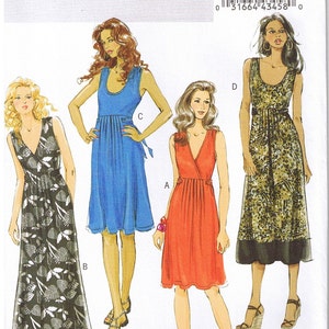 Easy Sleeveless Stretch Knit Raised Waist Dress with Front Pleats & Back Waist Ties Scoop or V Neck Butterick 5489 Size 6 8 10 12