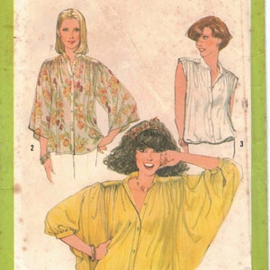 70s Blouse Button Front Bat Wing Kimono Sleeve or Sleeveless Bodice Gathered to Yoke Stand Up Collar Vtg Simplicity 8348 Sewing Pattern Sz 8