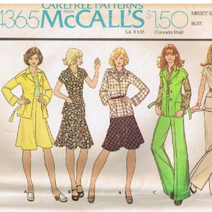 70s Wardrobe Button Front Jacket Turn Back Sleeve Cuffs Flared Skirt Pants Back Zipper Vtg 1970s McCall 4365 Sewing Pattern Size 10 or 16