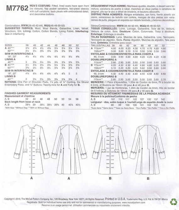 Mens Scottish Highlander Outlander Jamie Coat 1700s Sewing Pattern 46 48 50 52