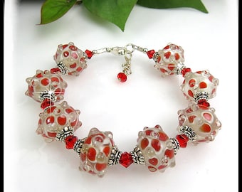 1546, Red lampwork crystal bracelet, Red Siam Swarovski crystal bracelet, Red funky jewelry, Red fun jewelry, Red dots jewelry, handmade