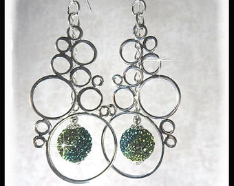 2237, Teal and green earrings, sterling silver bubbles chandelier, long earrings, beaded earrings sterling silver earrings