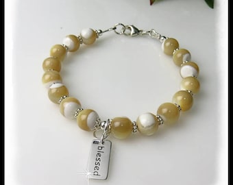 2205, Mother of Pearl Bracelet, Tan and White Jewelry, Blessed charm, charm bracelet, gemstone jewelry, beaded bracelets,