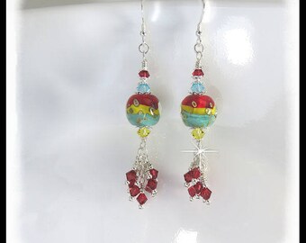 2410, Red yellow and teal earrings, red earrings, chandelier earrings, yellow earrings, teal earrings, cluster earrings,  long earrings,