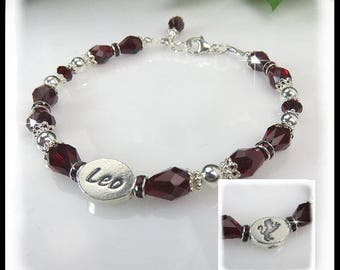 2090 July birthstone crystal bracelet Leo slide charm, Deep Red crystals, Leo Birthstone Bracelet, Birthstone Jewelry, Crystal Bracelets