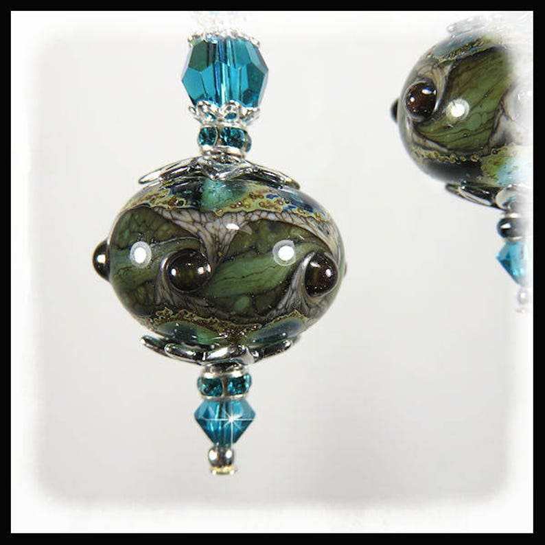 2337 Olive green and blue lampwork earrings, rustic green earrings, green and blue jewelry, artisan lampwork beads, handmade beaded earrings image 2