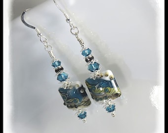 2435 Blue Skys, Blue lampwork earrings, Blue white tan earrings, unique earrings, Crystal jewelry, crystal earrings, matching jewelry items