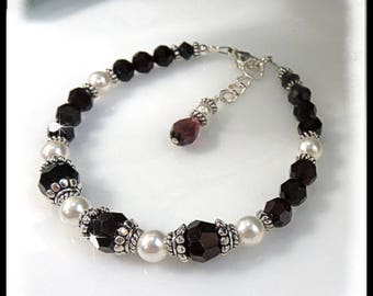 1855 Garnet Swarovski Crystal Bracelet, January Birthstone, Garnet and Pearl Bracelet, Red and White Jewelry, Garnet Jewelry