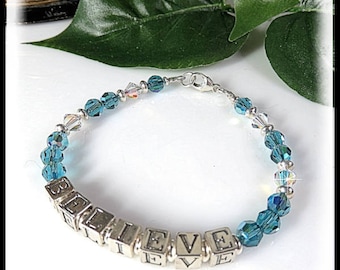 2071 Indonite Swarovski Crystal Bracelet, Sterling Silver BELIEVE Message, Message Bracelet, Turquoise Jewelry, Affirmation Jewelry, BELIEVE