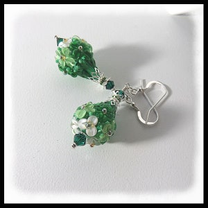 2442 Green floral earrings, green flower jewelry, 2442, lampwork earrings, gifts for her, Artisan lampwork earrings, St Patricks day jewelry image 1