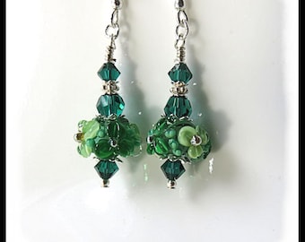 2441, Green floral earrings, artisan lampwork earrings, 2441, green earrings, green jewelry, gifts for her, gifts for mom, Flower jewelry