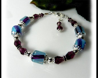 2061B, blue bracelet, purple bracelet, blue and purple jewelry, David Christensen beads, Amethyst crystal bracelet, Amethyst jewelry