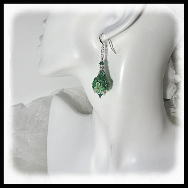 2442 Green floral earrings, green flower jewelry, 2442, lampwork earrings, gifts for her, Artisan lampwork earrings, St Patricks day jewelry image 2