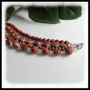 2177B, Goldstone multi strand bracelet with sterling silver chain, rust color jewelry, multi-strand jewelry, .