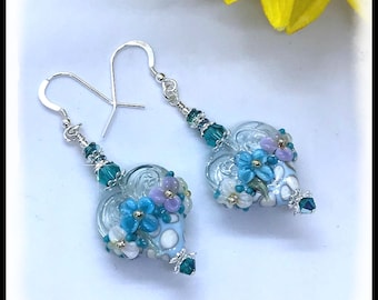 2484E Blue and white floral heart earrings, flower heart earrings, blue floral earrings, mothers day jewelry, lampwork jewelry, handmade