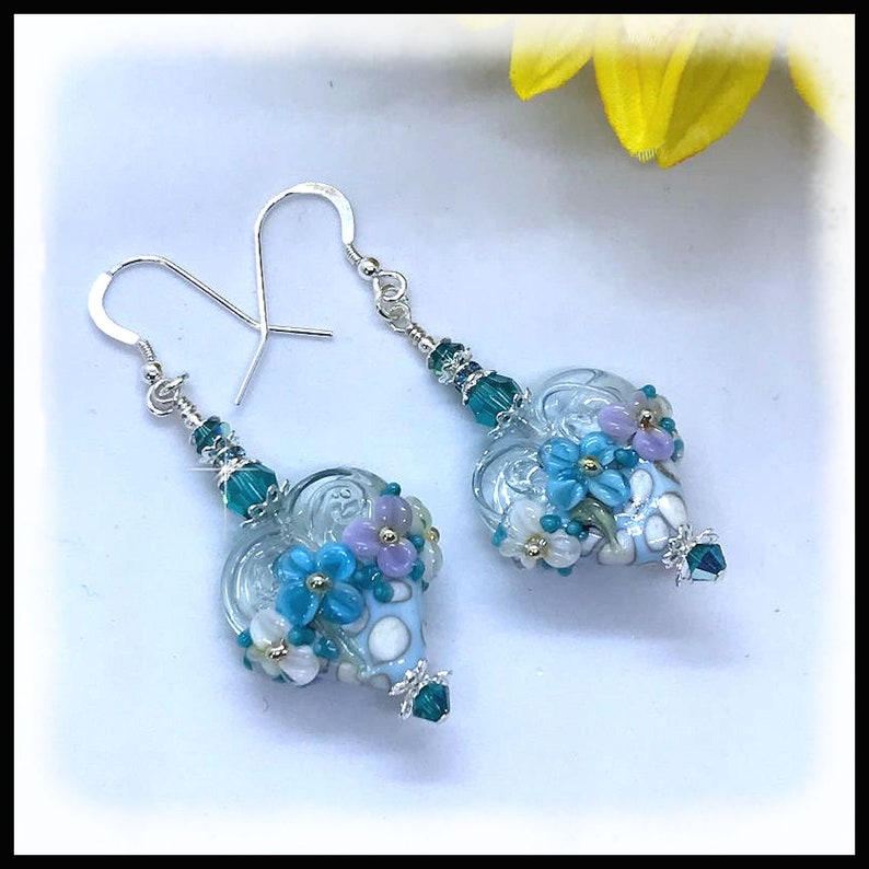 2484E Blue and white floral heart earrings, flower heart earrings, blue floral earrings, mothers day jewelry, lampwork jewelry, handmade image 1