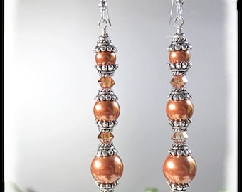 1709E Copper Pearls and crystals earrings, long pearl earrings, Swarovski copper pearls earrings, Elegant copper earrings, copper jewelry